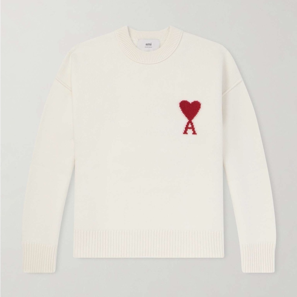 Ami White Long Sleeve Tee with Red Heart Logo